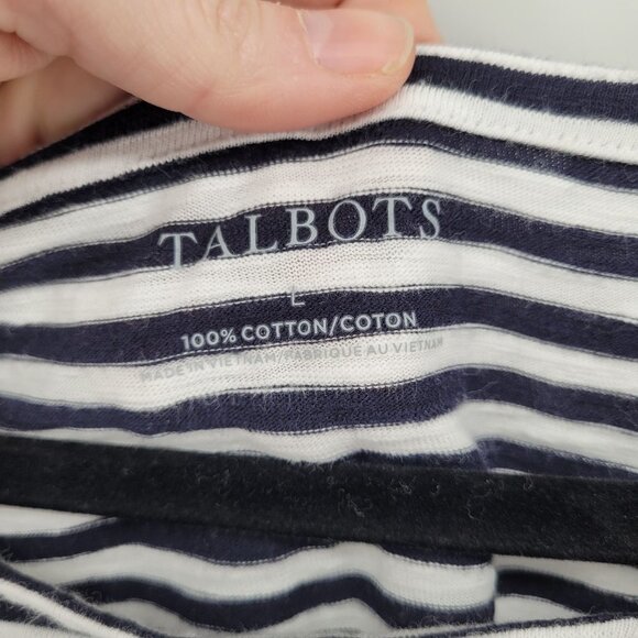 Talbots Womens large navy blue white stripe shoulder button detail 3/4 sleeve - Picture 3 of 9